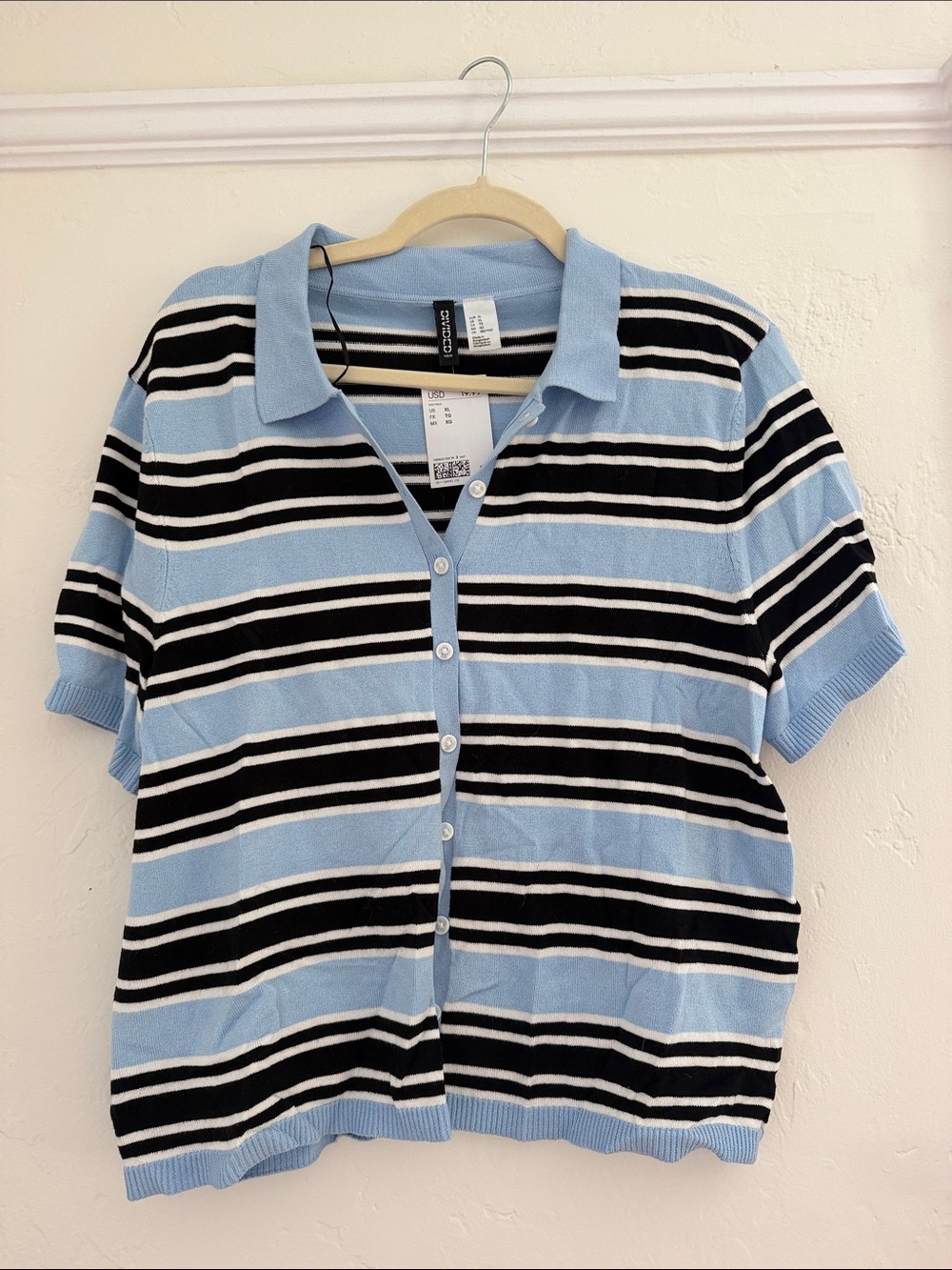 H&M Light Blue Polo Cardigan with Black and White Stripes